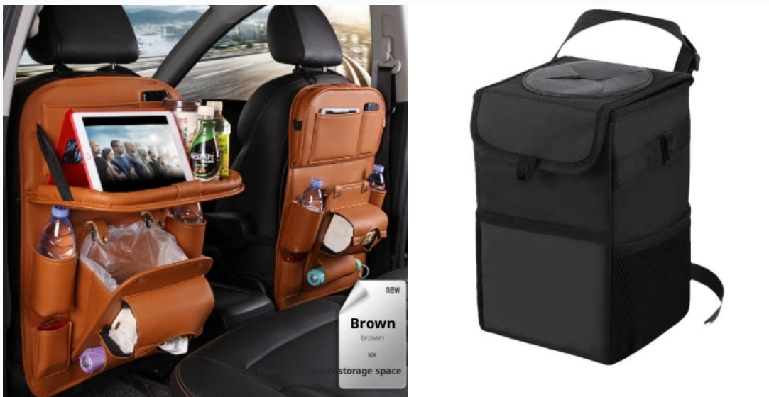 Vegan Leather Car Seat Organiser with Tray – brown with car bin