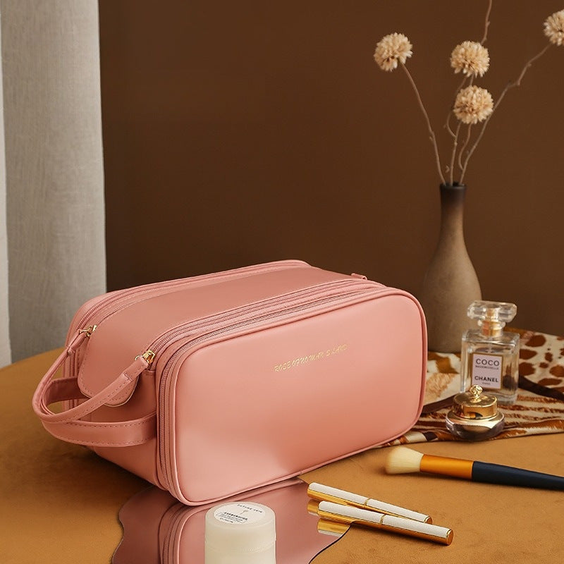 Three-Layer Vegan Leather Cosmetic Bag – pink