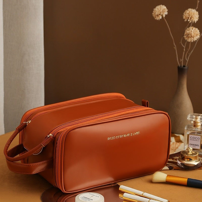 Three-Layer Vegan Leather Cosmetic Bag – brown