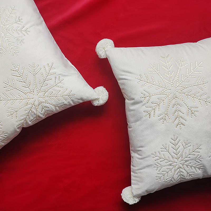 Embroidered Snowflake Cushion Cover with Pom-Poms – detail view 1