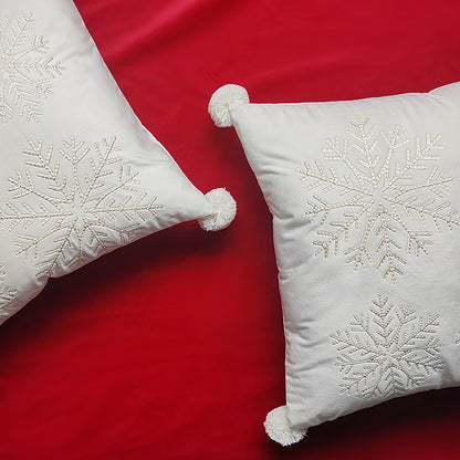 Embroidered Snowflake Cushion Cover with Pom-Poms – detail view 1