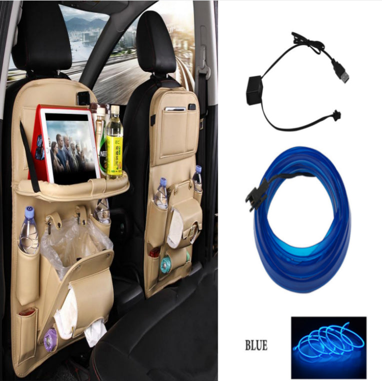 Vegan Leather Car Seat Organiser with Tray – beige with LED light strip