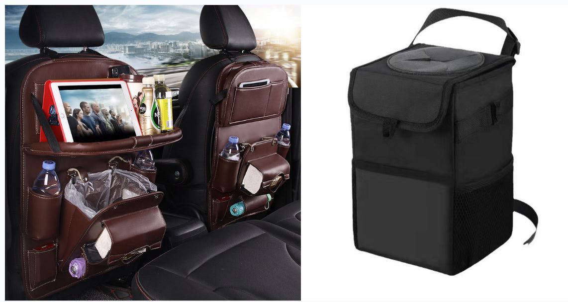 Vegan Leather Car Seat Organiser with Tray – coffee with car bin