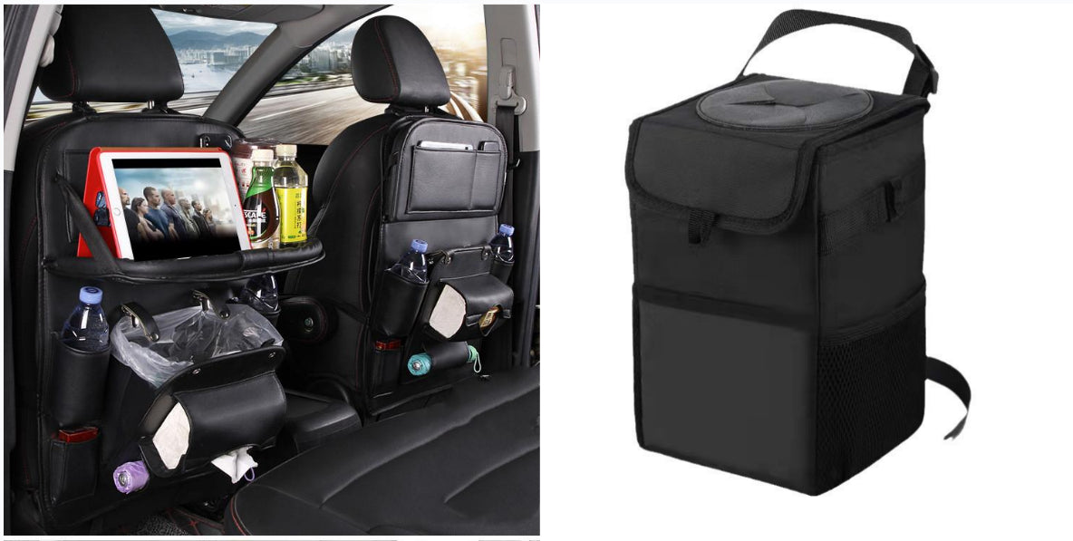 Vegan Leather Car Seat Organiser with Tray – black with car bin