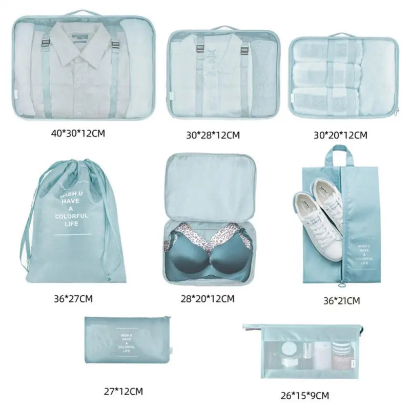 Eight packing organisers with supplier dimensions